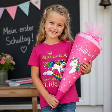 Einhorn T-Shirt Mit Sternenstaub durch die 1. Klasse pink Einschulung