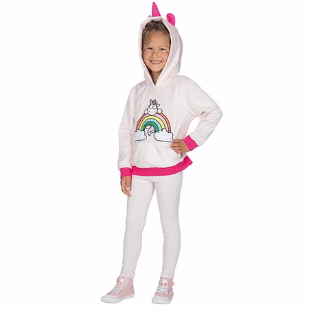 NICI Einhorn Hoodie Theodor Kinder Kostüm mit Kapuze Lizenzartikel Gr. 104 Tier Tierpullover SALE Fasching Karneval Mottoparty Kinderfasching Kindergeburtstag Kind trägt einen weißen NICI Einhorn Hoodie mit Kapuze, pinkem Horn, Ohren und buntem Regenbogen-Motiv auf der Vorderseite.