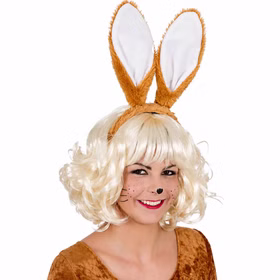 Hasenohren Haarreif hellbraun für Erwachsene Plüsch-Ohren 20 cm Kostüm-Zubehör Fasching Karneval Mottoparty Ostern Osterfest Osterhase Deko Frau mit hellbraunem Hasenohren-Haarreif, langen Plüsch-Ohren mit weißer Innenseite und blond gelockter Perücke.
