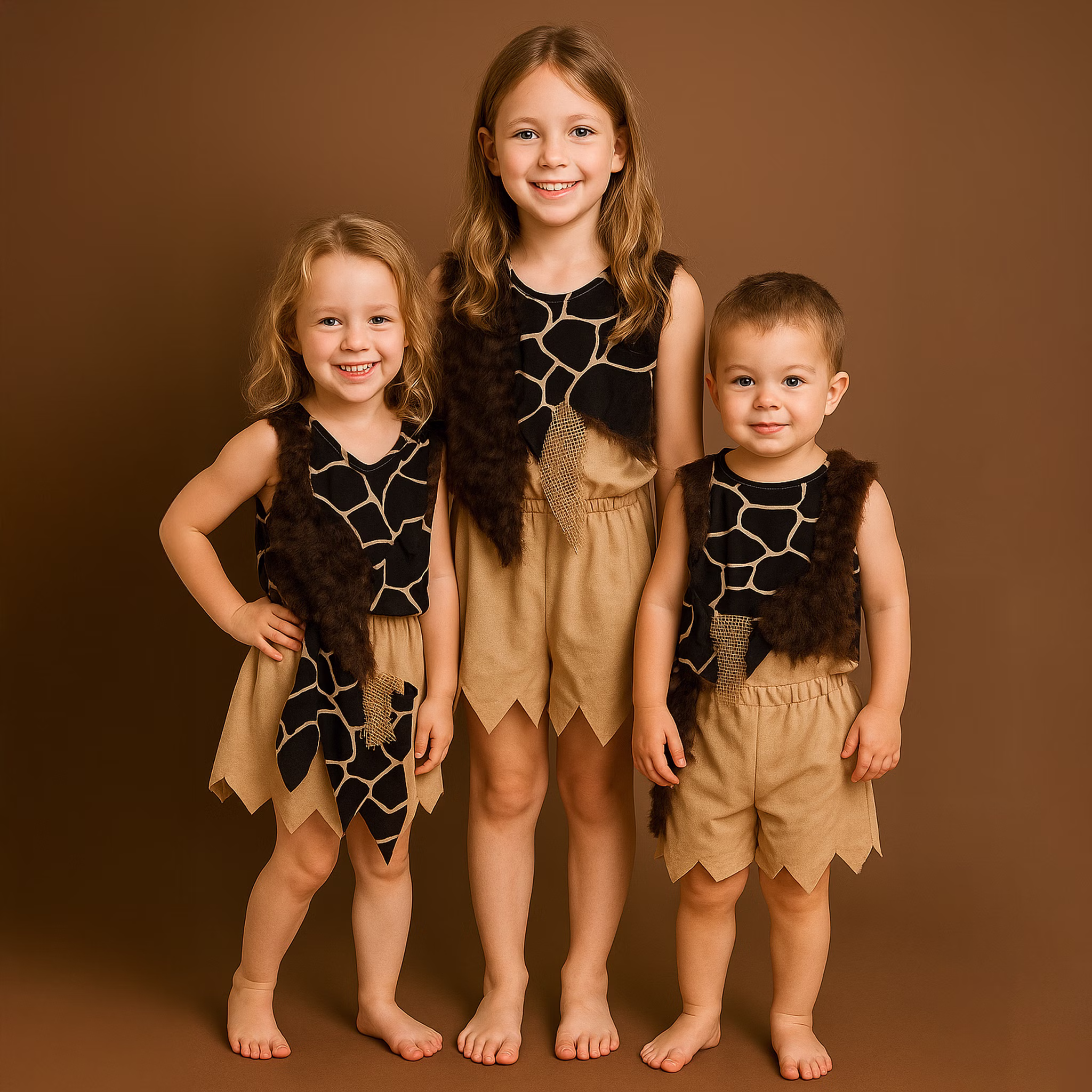 Steinzeit Kostüm Neandertaler Keule für Kinder Gr. 104-128 braun Urmensch SALE Fasching Karneval Mottoparty Kinderfasching Steinzeit Kostüm für Kinder zwei Mädchen und ein Junge stehen nebeneinander von Vorne