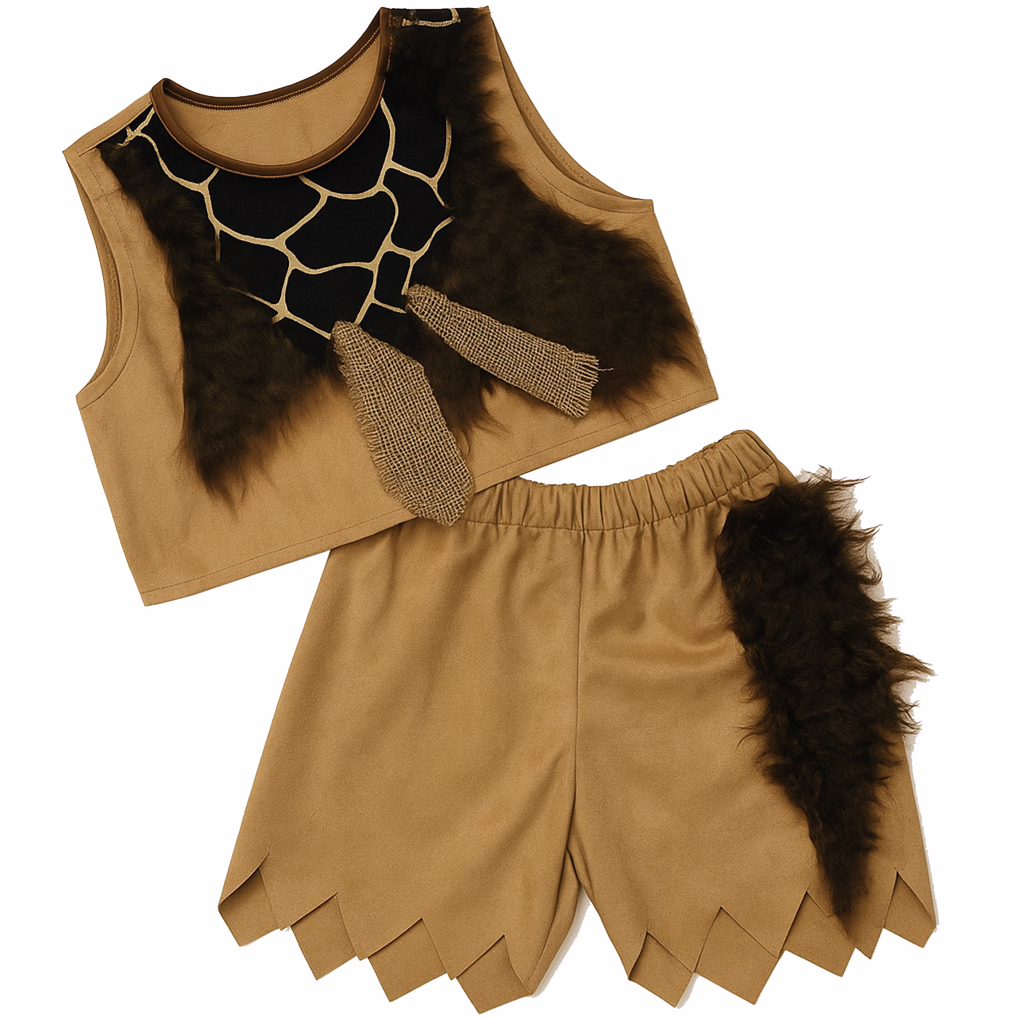 Steinzeit Kostüm Neandertaler Keule für Kinder Gr. 104-128 braun Urmensch SALE Fasching Karneval Mottoparty Kinderfasching Oberteil und Hose auf dem Boden liegend von Vorne