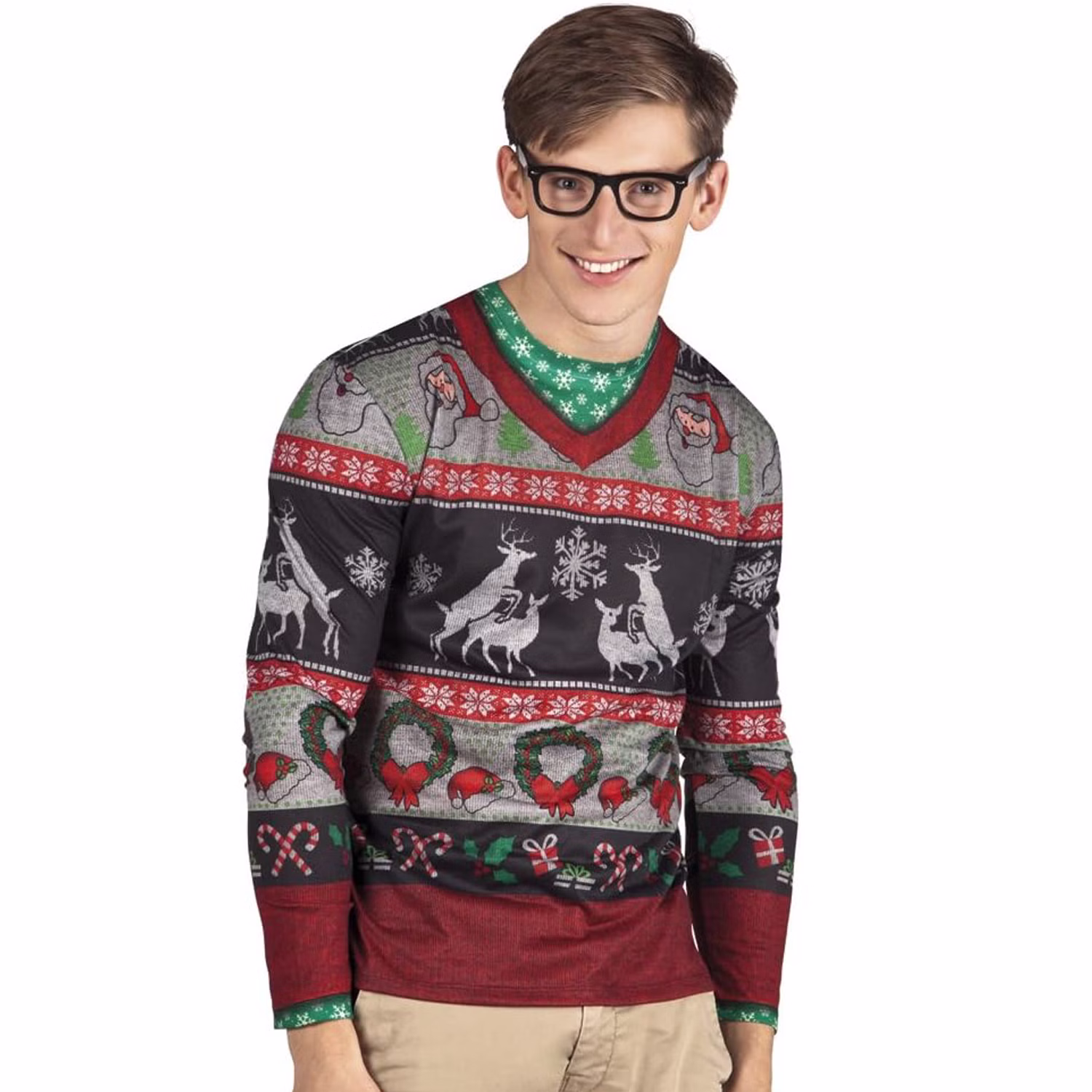 Ugly Christmas Sweater Herren dünnes Langarmshirt mit Fotodruck Gr. M-XL SALE Weihnachten Advent Weihnachtsfeier Geschenk Geschenkidee Herrenmodel trägt das dünne Ugly-Christmas-Langarmshirt mit Weihnachtsmann-, Rentier- und Schneeflocken-Print von vorn.
