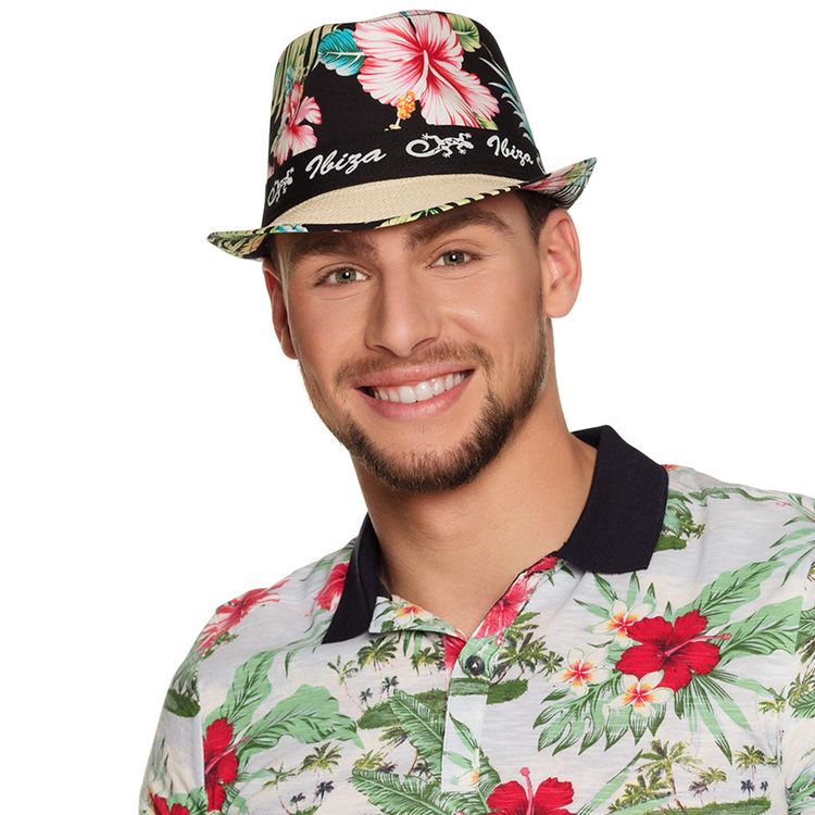Sommer Hut Ibiza mit Blumen-Motiv KW 58 cm für Erwachsene Urlaub Kostüm-Zubehör Party-Hut Beachparty Fasching Karneval Mottoparty