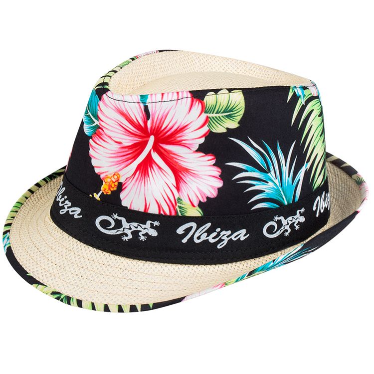 Sommer Hut Ibiza mit Blumen-Motiv KW 58 cm für Erwachsene Urlaub Kostüm-Zubehör Party-Hut Beachparty Fasching Karneval Mottoparty