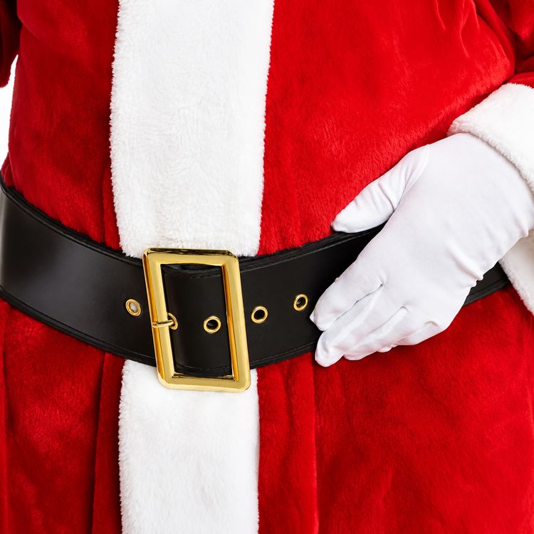 Schwarzer Weihnachtsmann-Gürtel mit goldener Schnalle an rotem Samtmantel als festliches Kostüm-Accessoire für Nikolaus und Weihnachten.