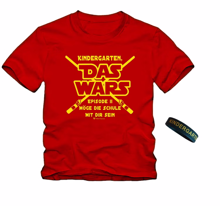 Schulanfang T-Shirt Kindergarten Das WARS Rot mit Silikon-Armband für Kinder Gr. 110-140 Geschenkidee Zuckertüte ABC-Schütze Schulanfang T-Shirt mit Silikon-Armband Rot für Kinder von Vorne