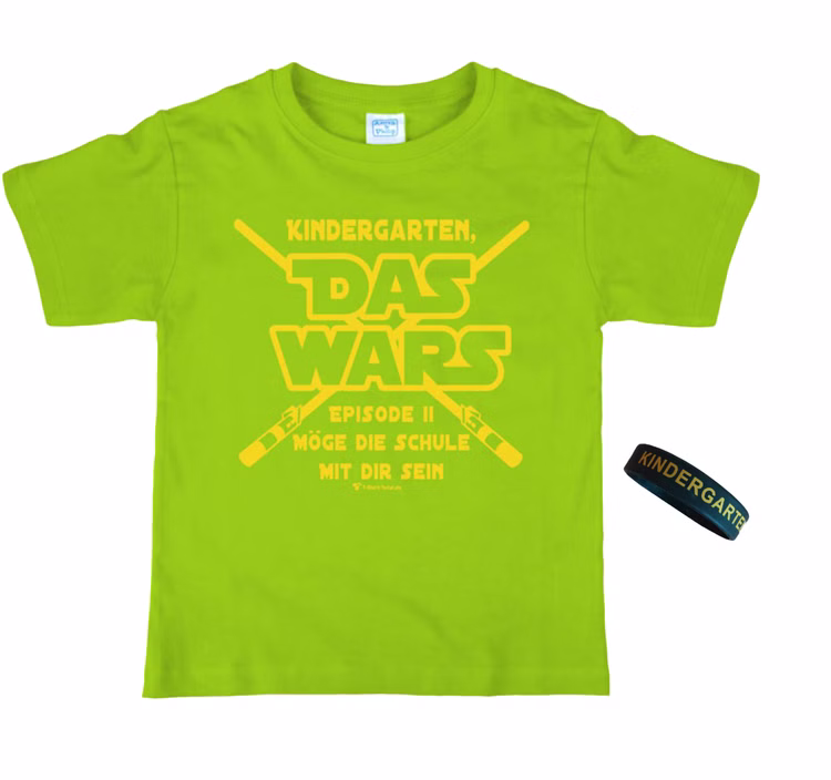 Schulanfang T-Shirt Kindergarten Das WARS Grün mit Silikon-Armband für Kinder Gr. 110-140 Geschenkidee Zuckertüte ABC-Schütze Schulanfang T-Shirt mit Silikon-Armband Grün für Kinder von Vorne