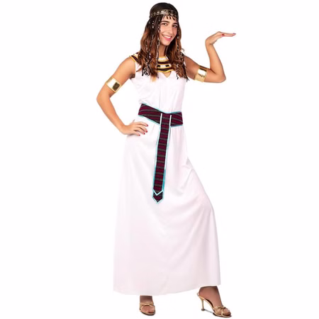 Ägypterin Kostüm Nesrin Damen Cleopatra Kleid Ägypten Gr. M/L SALE Fasching Karneval Mottoparty Frau im weißen Ägypterin-Kostüm mit farbigem Kragen, weinrotem Gürtel, goldenen Armreifen und dekorativem Kopfschmuck im Cleopatra-Stil vor hellem Hintergrund.