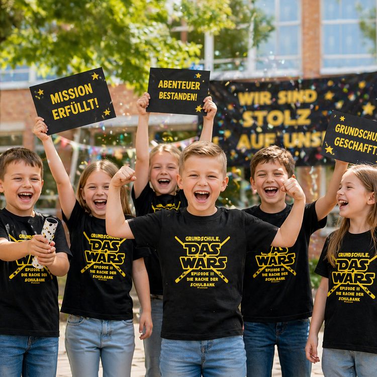 Schwarzes Kinder T-Shirt mit gelbem Schriftzug „Grundschule das wars“ im Star Wars Stil auf weißem Hintergrund.