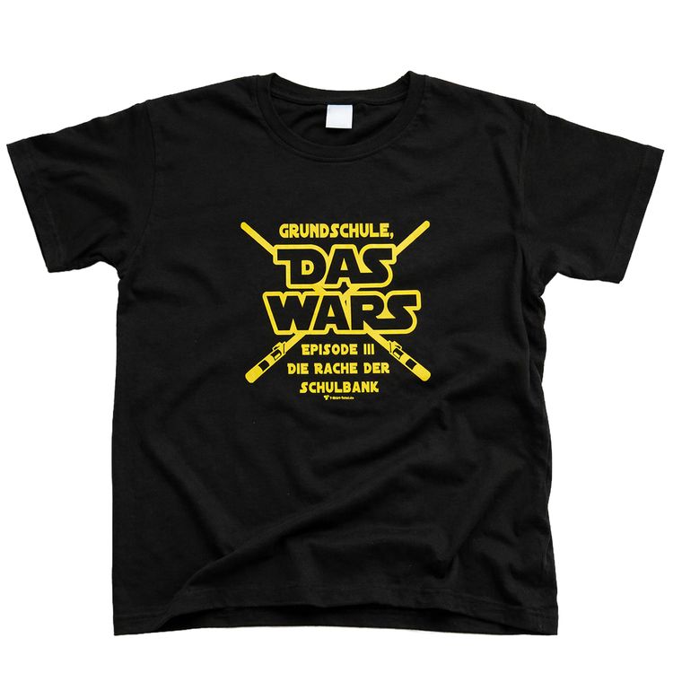 Schwarzes Kinder T-Shirt mit gelbem Schriftzug „Grundschule das wars“ im Star Wars Stil auf weißem Hintergrund.