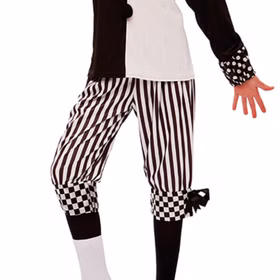 Nahaufnahme des Harlekin-Kostüm mit schwarz-weiß gestreifter Hose von Vorne.