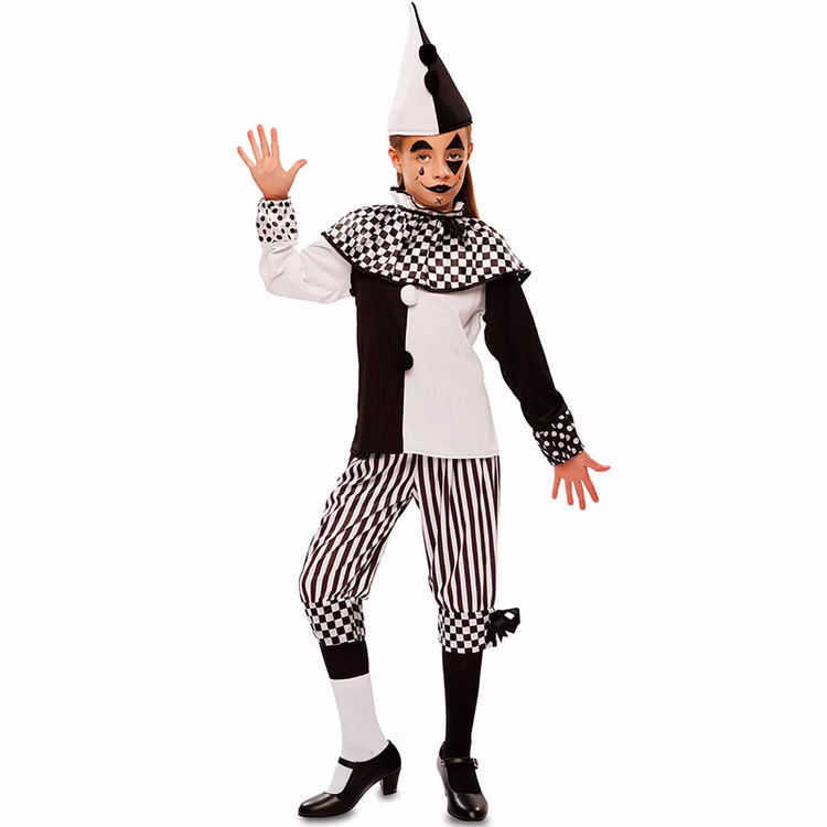 Harlekin Kostüm Mädchen Tamina Schwarz Weiß Pierrot Kostüm für Kinder 5-12 Jahre Fasching SALE Schwarz Weiß Clown Spaßmacher Mittelalter Pierrot Hoffnarr Fasching Karneval Mottoparty Kinderfasching Mädchen im schwarz-weißen Harlekin-Kostüm mit kariertem Kragen, gestreifter Hose, spitzem Harlekin-Hut und passender Gesichtsschminke vor hellem Hintergrund.