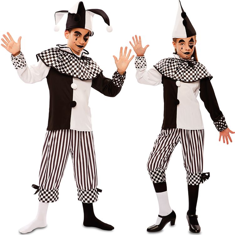 Harlekin Kostüm Tamina für Kinder 5-12 Jahre schwarz weiß Clown Spaßmacher Mittelalter Pierrot Hoffnarr Fasching Karneval Mottoparty Kinderfasching