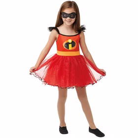 Disney Elastigirl Kostüm Kinder Die Unglaublichen mit Maske 7-8 Jahre SALE Fasching Karneval Mottoparty Kinderfasching Mädchen trägt ein rotes Disney Elastigirl Kostüm mit schwarzer Augenmaske, gelbem Gürtel und Tüllrock im Look der Superheldin aus Die Unglaublichen.