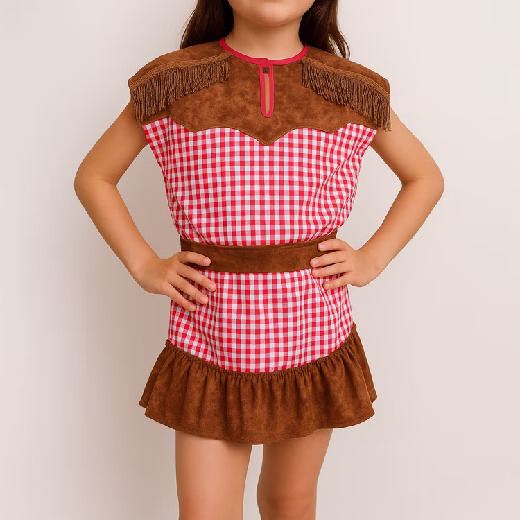 Cowgirl Kostüm Wyonna für Kinder Gr. 104-116 Western SALE Fasching Karneval Mottoparty Kindergeburtstag Detailaufnahme Western-Kleid rot-weiß kariert für Kinder von Vorne