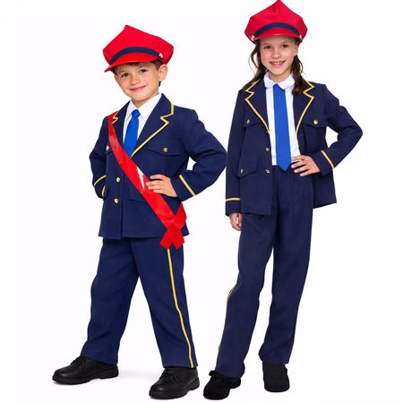 Schaffner Kostüm Tobias Deluxe für Kinder Gr. 104-140 Eisenbahner Fasching Karneval Mottoparty Rollenspiel Junge und Mädchen im identischen Kinder-Schaffner-Kostüm mit Jacke, Hose, Hemd, Krawatte und roter Mütze, nebeneinander stehend vor weißem Hintergrund.