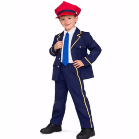 Junge im Kinder-Schaffner-Kostüm mit marineblauer Jacke, Hose mit gelbem Streifen, weißem Hemd, blauer Krawatte und roter Mütze, frontal auf weißem Hintergrund.