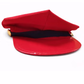 Rote Schaffner-Mütze für Kinder mit dunkelblauem Band und goldenen Knöpfen, seitliche Ansicht auf weißem Hintergrund.