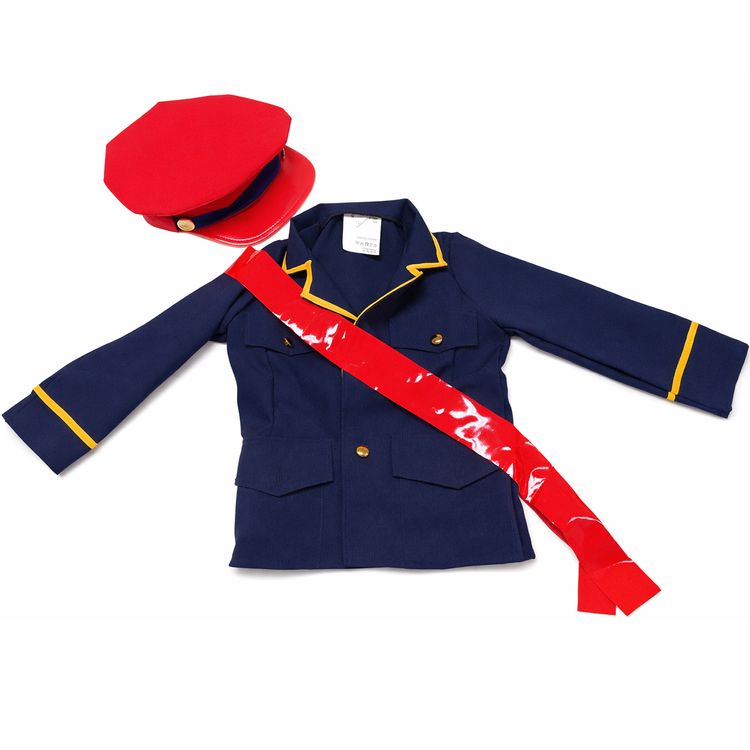 Schaffner Kostüm Tobias Deluxe für Kinder Junge und Mädchen im identischen Kinder-Schaffner-Kostüm mit Jacke, Hose, Hemd, Krawatte und roter Mütze, nebeneinander stehend vor weißem Hintergrund.