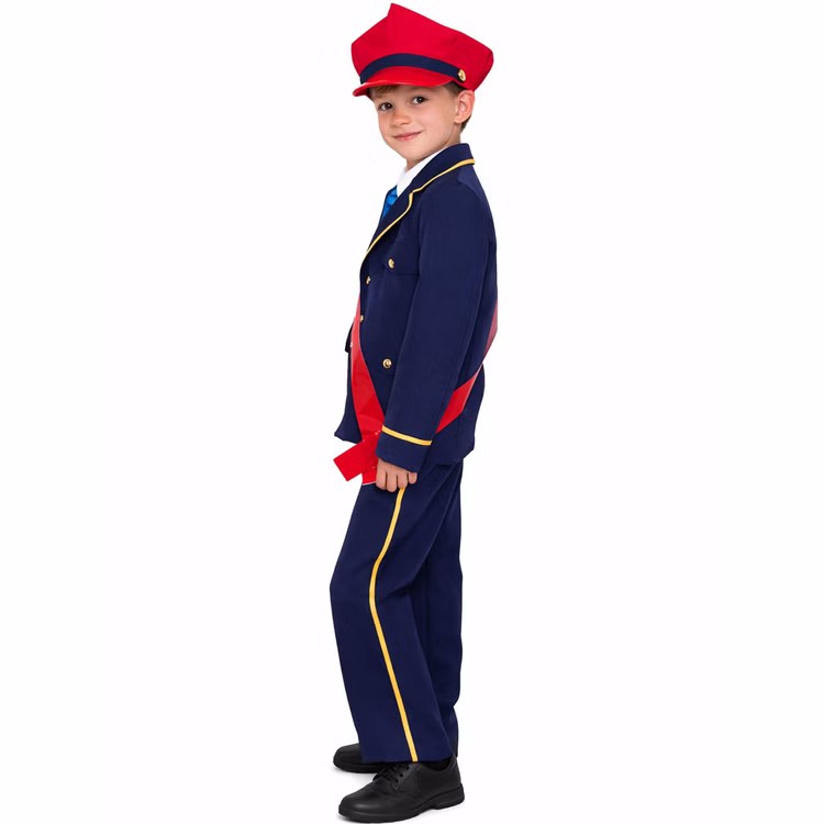 Schaffner Kostüm Tobias Deluxe für Kinder Gr. 104-140 Eisenbahner Fasching Karneval Mottoparty Rollenspiel Seitliche Ansicht eines Jungen im Kinder-Schaffner-Kostüm mit roter Schärpe und roter Mütze, stehend vor weißem Hintergrund.