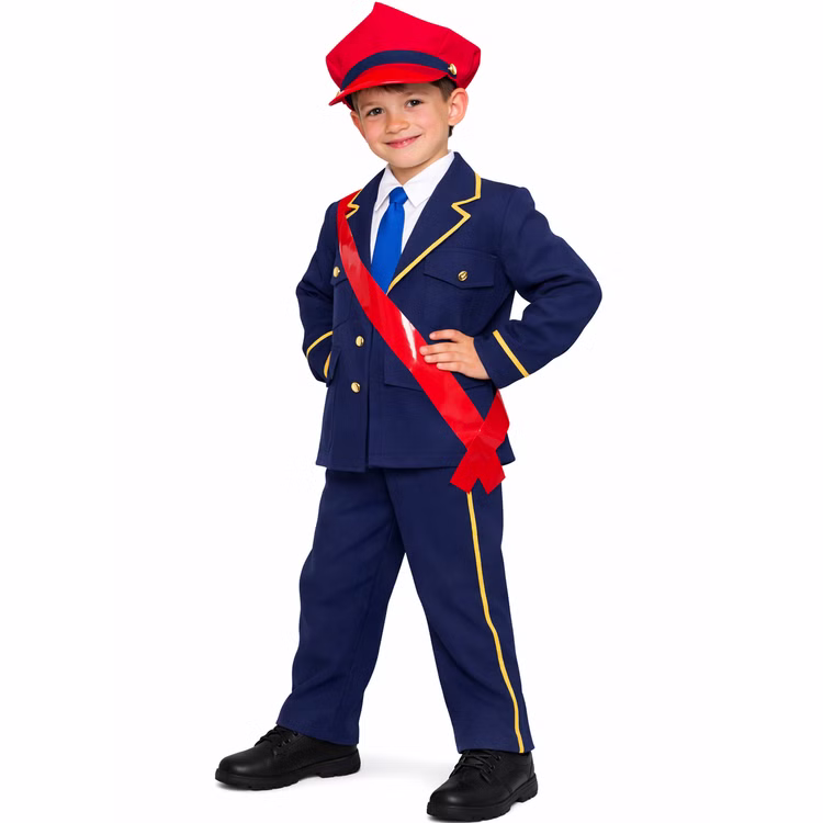Schaffner Kostüm Tobias Deluxe für Kinder Gr. 104-140 Eisenbahner Fasching Karneval Mottoparty Rollenspiel Junge im Kinder-Schaffner-Kostüm mit roter Schärpe über der Jacke, lächelnd, Hände in die Hüften gestützt, vor weißem Hintergrund.