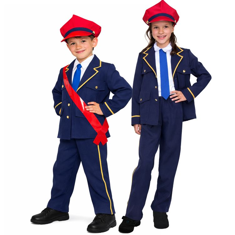 Schaffner Kostüm Tobias Deluxe für Kinder Junge und Mädchen im identischen Kinder-Schaffner-Kostüm mit Jacke, Hose, Hemd, Krawatte und roter Mütze, nebeneinander stehend vor weißem Hintergrund.