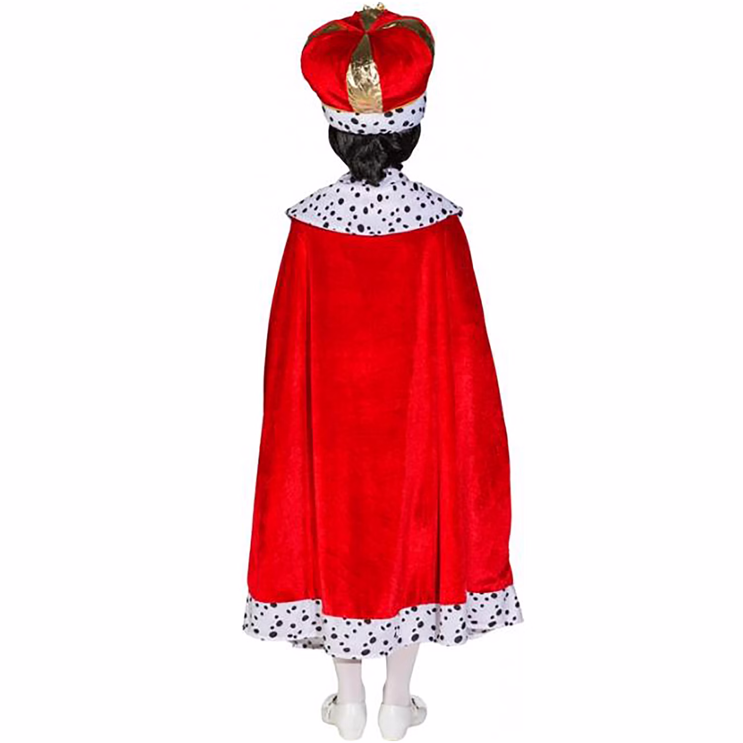 Edler Königsumhang für Kinder Gr. 128-140 Märchen König SALE Fasching Karneval Mottoparty Krippenspiel Rückansicht des roten Königsumhangs für Kinder mit weiß-schwarz gepunktetem Kragen und passender Borte am unteren Saum.