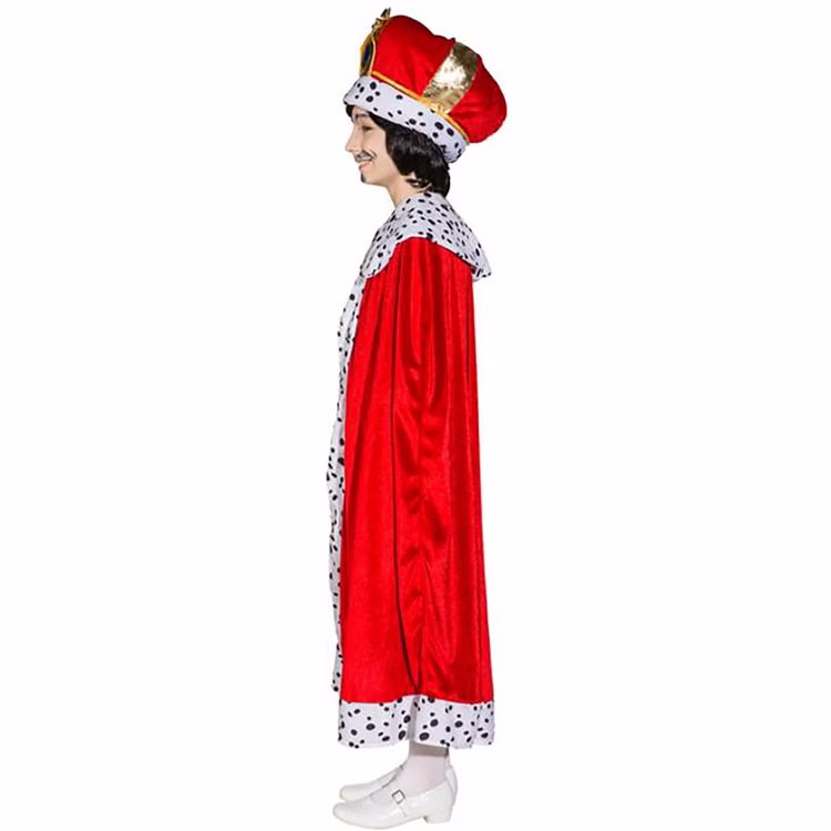 Edler Königsumhang für Kinder Gr. 128-140 Märchen König SALE Fasching Karneval Mottoparty Krippenspiel Seitliche Ansicht des langen roten Königsumhangs für Kinder mit gepunkteter Borte, Kragen und dekorativer Königskrone.