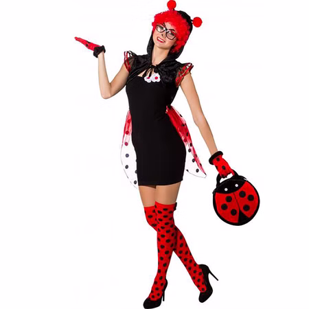 Schlauchkleid schwarz Kostüm-Zubehör für Damen Gr. 34-44 Kleid SALE Fasching Karneval Mottoparty Frau in einem Marienkäfer-Kostüm auf Basis eines schwarzen Schlauchkleides; Cape, Handschuhe, Strümpfe, Perücke, Brille und Tasche sind Zubehör.
