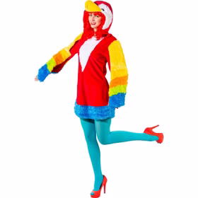 Papagei Kostüm Birdy für Damen Gr. 34-48 Kleid bunt Tier Vogel Fasching Karneval Papagei Kostüm für Damen auf einem Bein stehend von Vorn