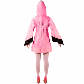 Flamingo Kostuem Rosalie Damen Rueckansicht Rückansicht des rosa Flamingo-Kleides mit Kapuze, langen Flügelärmeln sowie rosa und schwarzem Plüschbesatz.