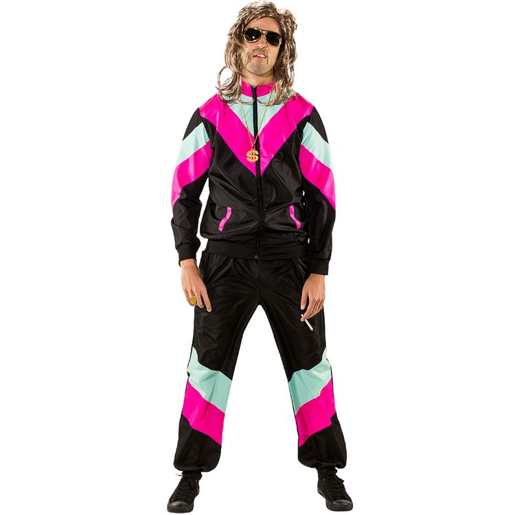 Jogginganzug Kostüm Retro 90er schwarz für Erwachsene Gr. 36-56 Fasching Karneval Mottoparty Paarkostüm Neon-Party 90er Jahre Party