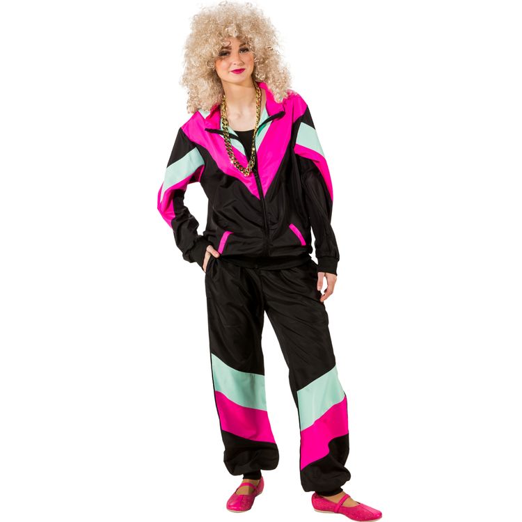 Jogginganzug Kostüm Retro 90er schwarz für Erwachsene Gr. 36-56 Fasching Karneval Mottoparty Paarkostüm Neon-Party 90er Jahre Party