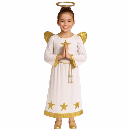 Engel Kostüm Angela für Kinder 3-12 Jahre Weihnachten Krippenspiel Sterntaler Weihnachtsengel Fasching Karneval Mottoparty Mädchen im Engel Kostüm mit Heiligenschein und goldenen Flügeln vor weißem Hintergrund von Vorne.