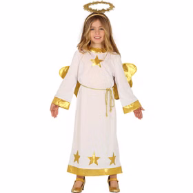 Engel Kostüm Angela für Kinder 3-12 Jahre Weihnachten Krippenspiel Sterntaler Weihnachtsengel Fasching Karneval Mottoparty Mädchen mit langen, blonden Haaren im Engel Kostüm mit Heiligenschein und goldenen Flügeln vor weißem Hintergrund von Vorne.