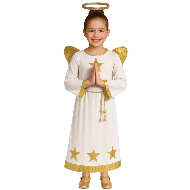 Mädchen im Engel Kostüm mit Heiligenschein und goldenen Flügeln vor weißem Hintergrund von Vorne.