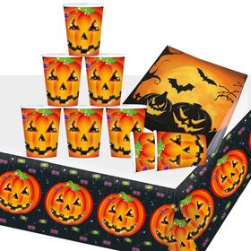Übersicht des Halloween-Party-Sets mit Bechern, Servietten und Tischdecke.
