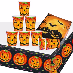 Übersicht des Halloween-Party-Sets mit Bechern, Servietten und Tischdecke.