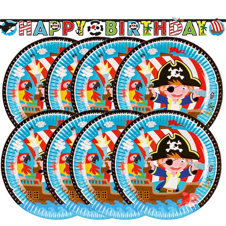 Übersicht über das Piraten-Party-Set mit acht Tellern und einem Happy-Birthday-Banner.
