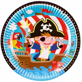 Piraten Teller Piratenschatz 8 Stück rund Ø 23 cm Tisch-Deko Kindergeburtstag Fasching Karneval Mottoparty Dekoration Piraten-Party Papier Teller mit buntem Piraten-Motiv für Kinder von Vorne