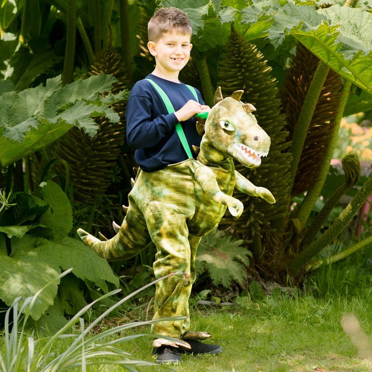 T-Rex Kostüm Reitender Dino Tragmich mit leuchtenden Augen & Sound für Kinder Kind im T-Rex Kostüm „Reitender Dino“ mit Hosenträgern, braun-grünem Schuppendesign und realistischem Dino-Kopf.