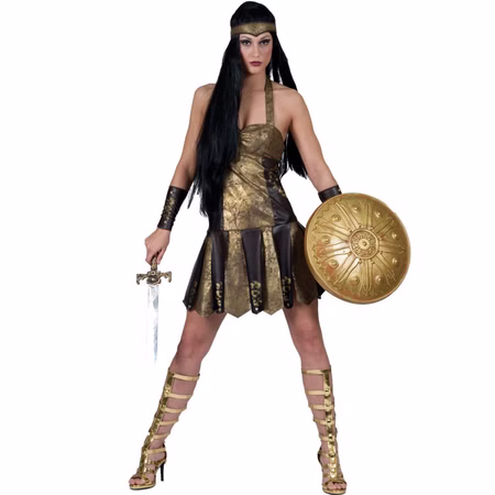 Gladiatorin Kostüme Antike Varina für Damen Gr. 36-38 Griechin Kriegerin SALE Fasching Karneval Mottoparty Gladiatorin Damenkostüm in Gold-Braun mit antikem Mini-Kleid, Armschonern und Stirnband im Römerstil.