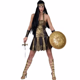 Gladiatorin Kostüme Antike Varina für Damen Gr. 36-38 Griechin Kriegerin SALE Fasching Karneval Mottoparty Gladiatorin Damenkostüm in Gold-Braun mit antikem Mini-Kleid, Armschonern und Stirnband im Römerstil.