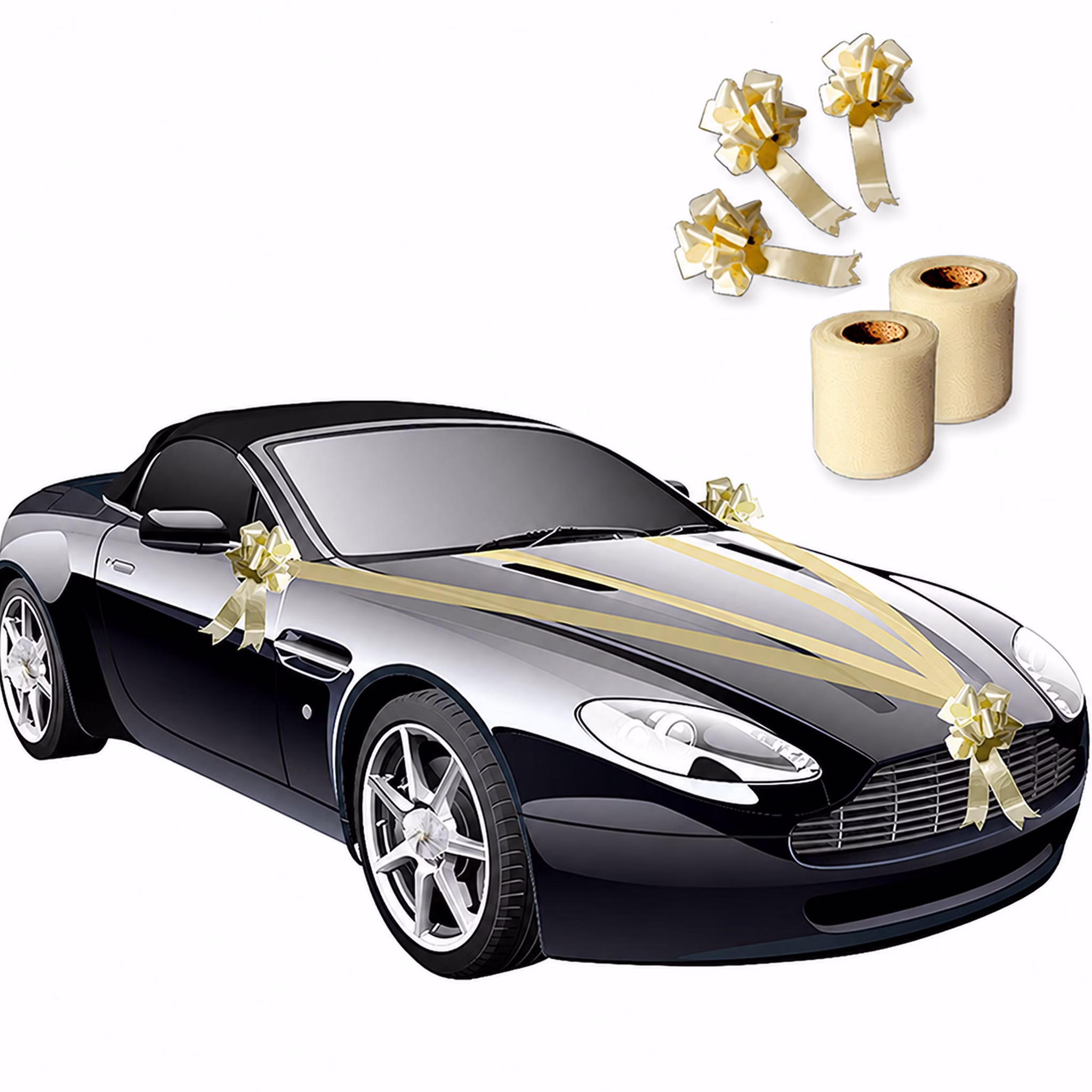 Hochzeitsauto Deko Set Elfenbein Anwendung Schwarzes Hochzeitsauto dekoriert mit elfenbeinfarbenen Bändern und Schleifen, daneben zwei Rollen Tüll und drei Autoschleifen.