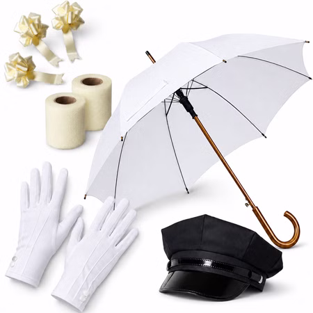 Hochzeitsauto Deko Set Elfenbein Lieferumfang Hochzeits-Deko-Set mit weißem Schirm, weißen Handschuhen, schwarzer Mütze, zwei elfenbeinfarbenen Tüllrollen und drei Schleifen.