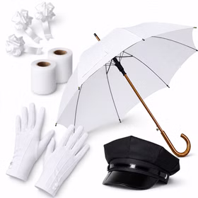 Chauffeur-Set Hochzeit 8-tlg. mit Schirm, Chaffeur-Schirmmütze & Brautauto-Deko Handschuhe Schleifenband Autoschleife Zubehör Brautwagen 8-teiliges Chauffeur-Set mit weißem Schirm, Schirmmütze, Handschuhen, drei Autoschleifen und zwei Tüllrollen.