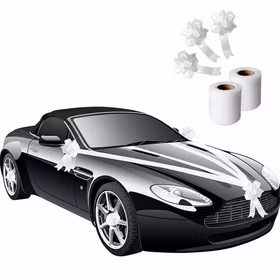 Chauffeur-Set Hochzeit 8-tlg. mit Schirm, Chaffeur-Schirmmütze & Brautauto-Deko Handschuhe Schleifenband Autoschleife Zubehör Brautwagen Schwarzes Hochzeitsauto mit weißen Tüllbändern und Autoschleifen, daneben drei Schleifen und zwei weiße Tüllrollen.