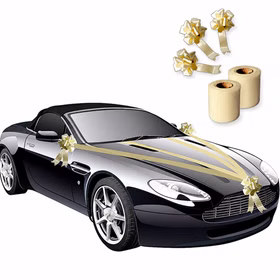 Schwarzes Hochzeitsauto dekoriert mit elfenbeinfarbenen Bändern und Schleifen, daneben zwei Rollen Tüll und drei Autoschleifen.