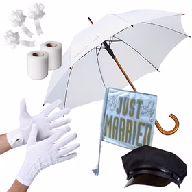 Chaffeur Set Hochzeitsfahrer 5-tlg. Schirm Autofahne Just Married Handschuhe Schirmmütze Chaffeur-Mütze Schleifenband Autoschleife Zubehör Chaffeur Set Hochzeitsfahrer 5-tlg. Schirm Autofahne Just Married Handschuhe Schirmmütze Chaffeur-Mütze Schleifenband Autoschleife Zubehör