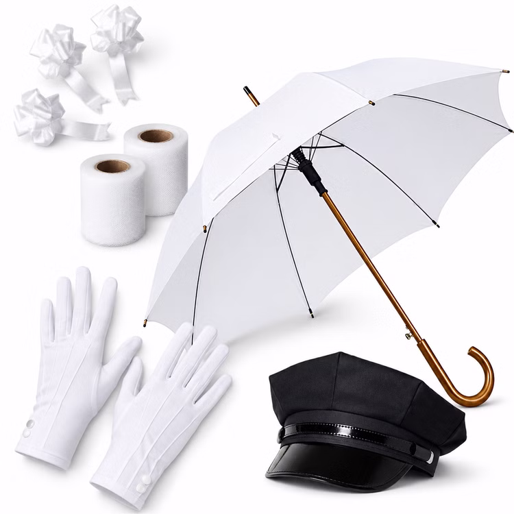Chauffeur-Set Hochzeit 8-tlg. mit Schirm, Chaffeur-Schirmmütze & Brautauto-Deko Handschuhe Schleifenband Autoschleife Zubehör Brautwagen 8-teiliges Chauffeur-Set mit weißem Schirm, Schirmmütze, Handschuhen, drei Autoschleifen und zwei Tüllrollen.